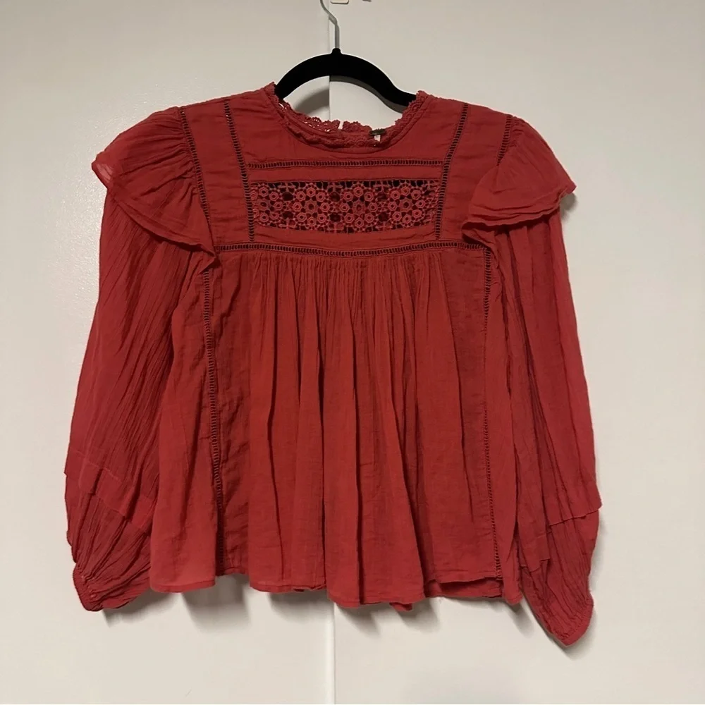 Free People Womens Top Laura Eyelet Lace Blouse Pink XS